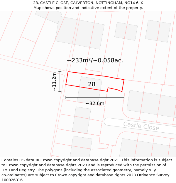 28, CASTLE CLOSE, CALVERTON, NOTTINGHAM, NG14 6LX: Plot and title map