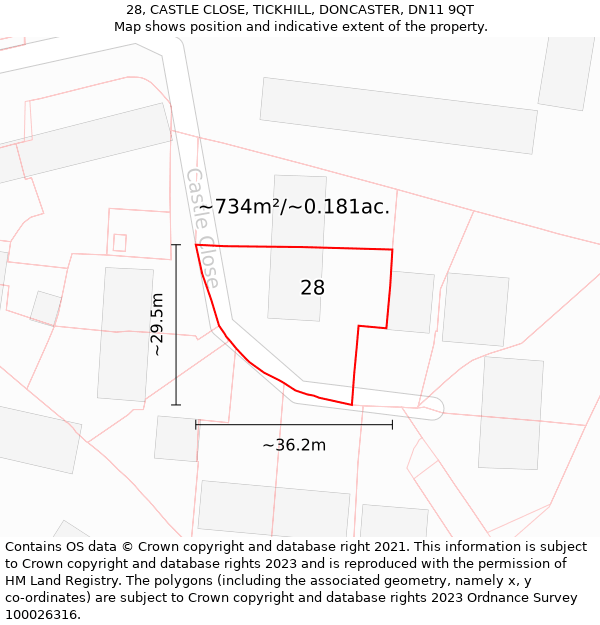 28, CASTLE CLOSE, TICKHILL, DONCASTER, DN11 9QT: Plot and title map