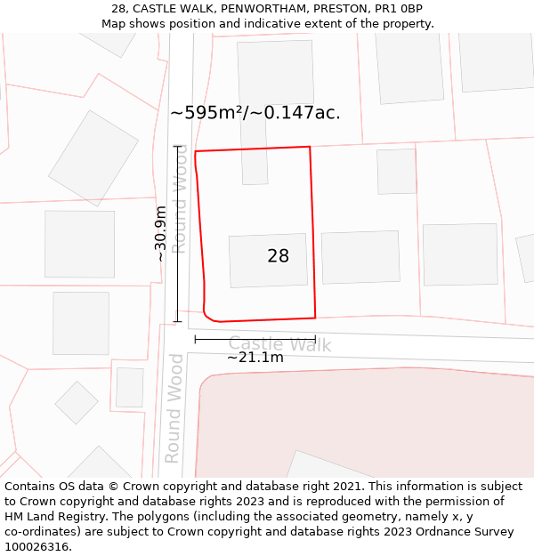 28, CASTLE WALK, PENWORTHAM, PRESTON, PR1 0BP: Plot and title map