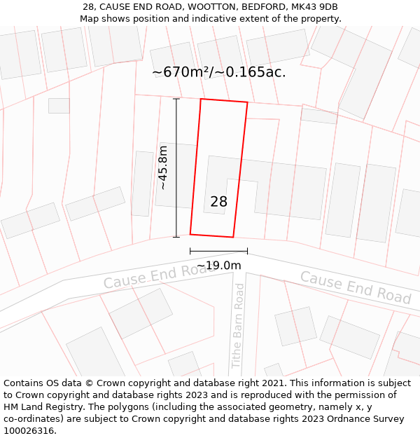 28, CAUSE END ROAD, WOOTTON, BEDFORD, MK43 9DB: Plot and title map