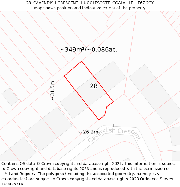 28, CAVENDISH CRESCENT, HUGGLESCOTE, COALVILLE, LE67 2GY: Plot and title map