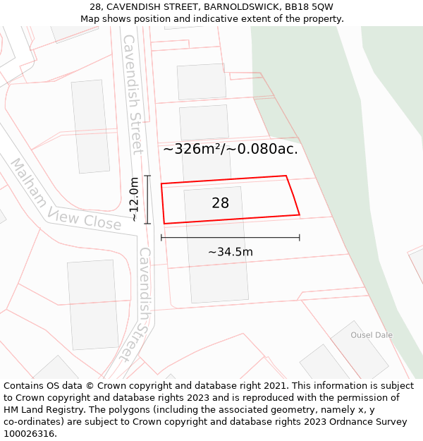28, CAVENDISH STREET, BARNOLDSWICK, BB18 5QW: Plot and title map