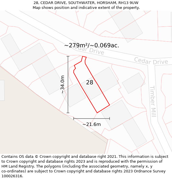 28, CEDAR DRIVE, SOUTHWATER, HORSHAM, RH13 9UW: Plot and title map