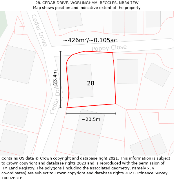 28, CEDAR DRIVE, WORLINGHAM, BECCLES, NR34 7EW: Plot and title map