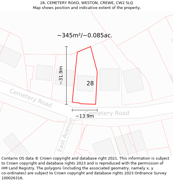 28, CEMETERY ROAD, WESTON, CREWE, CW2 5LQ: Plot and title map