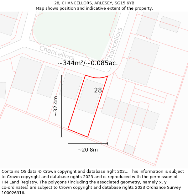 28, CHANCELLORS, ARLESEY, SG15 6YB: Plot and title map