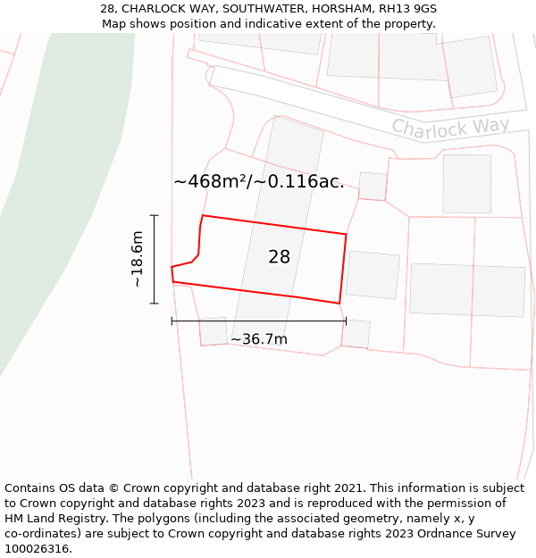 28, CHARLOCK WAY, SOUTHWATER, HORSHAM, RH13 9GS: Plot and title map