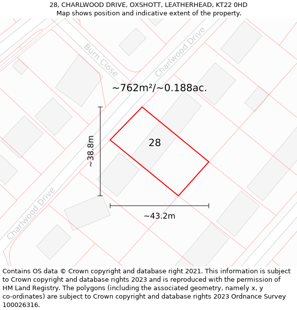 28, CHARLWOOD DRIVE, OXSHOTT, LEATHERHEAD, KT22 0HD: Plot and title map