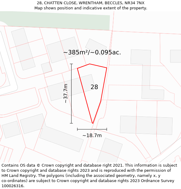 28, CHATTEN CLOSE, WRENTHAM, BECCLES, NR34 7NX: Plot and title map