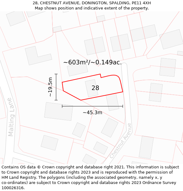 28, CHESTNUT AVENUE, DONINGTON, SPALDING, PE11 4XH: Plot and title map