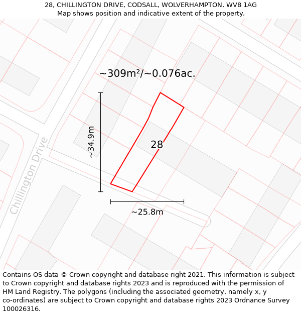 28, CHILLINGTON DRIVE, CODSALL, WOLVERHAMPTON, WV8 1AG: Plot and title map