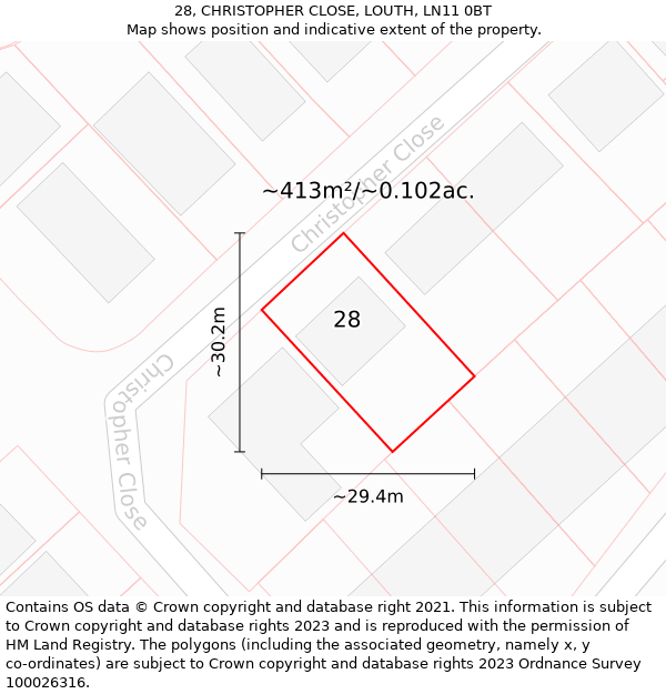 28, CHRISTOPHER CLOSE, LOUTH, LN11 0BT: Plot and title map