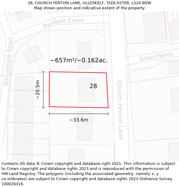 28, CHURCH FENTON LANE, ULLESKELF, TADCASTER, LS24 9DW: Plot and title map