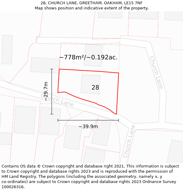 28, CHURCH LANE, GREETHAM, OAKHAM, LE15 7NF: Plot and title map