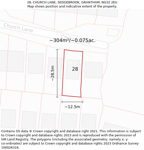 28, CHURCH LANE, SEDGEBROOK, GRANTHAM, NG32 2EU: Plot and title map