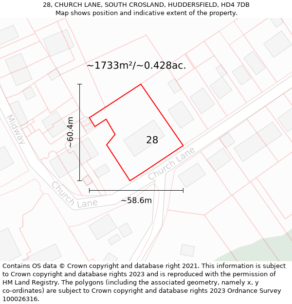 28, CHURCH LANE, SOUTH CROSLAND, HUDDERSFIELD, HD4 7DB: Plot and title map