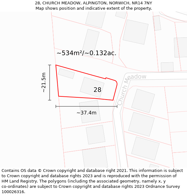 28, CHURCH MEADOW, ALPINGTON, NORWICH, NR14 7NY: Plot and title map