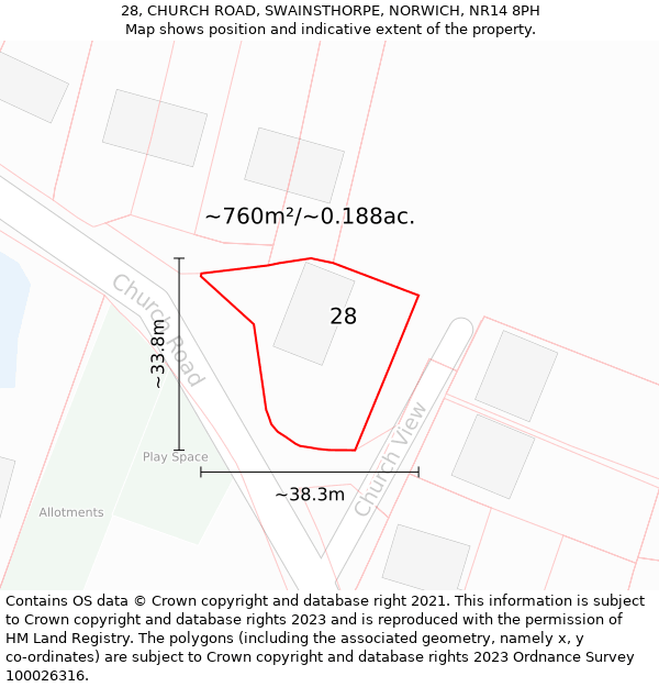 28, CHURCH ROAD, SWAINSTHORPE, NORWICH, NR14 8PH: Plot and title map