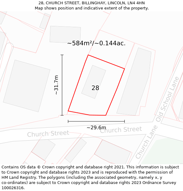 28, CHURCH STREET, BILLINGHAY, LINCOLN, LN4 4HN: Plot and title map