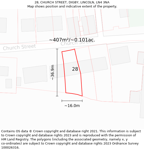 28, CHURCH STREET, DIGBY, LINCOLN, LN4 3NA: Plot and title map