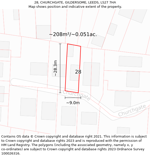 28, CHURCHGATE, GILDERSOME, LEEDS, LS27 7HA: Plot and title map