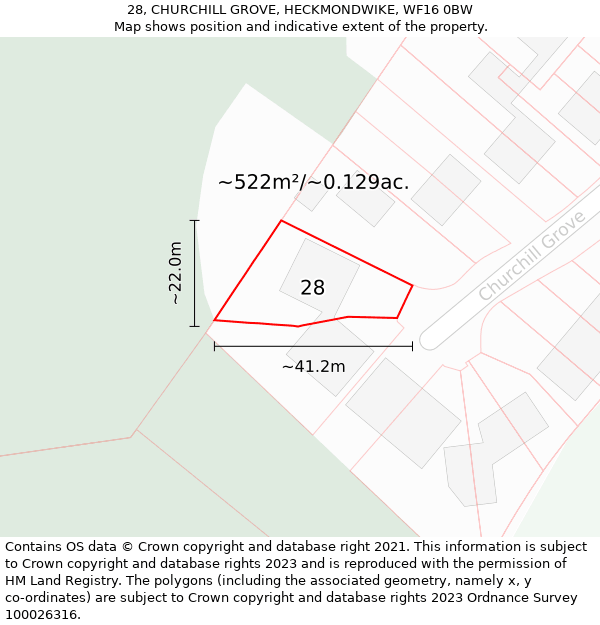 28, CHURCHILL GROVE, HECKMONDWIKE, WF16 0BW: Plot and title map