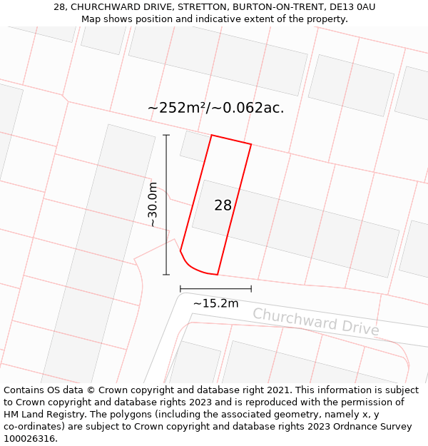 28, CHURCHWARD DRIVE, STRETTON, BURTON-ON-TRENT, DE13 0AU: Plot and title map