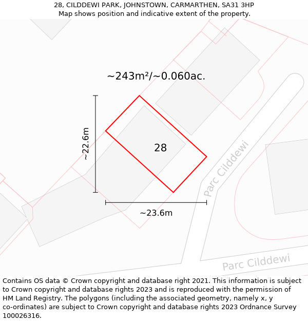 28, CILDDEWI PARK, JOHNSTOWN, CARMARTHEN, SA31 3HP: Plot and title map