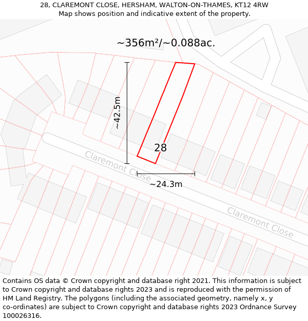 28, CLAREMONT CLOSE, HERSHAM, WALTON-ON-THAMES, KT12 4RW: Plot and title map