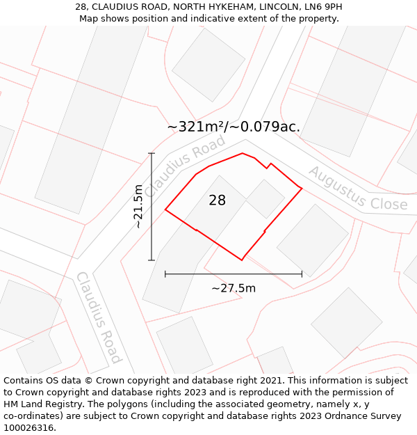 28, CLAUDIUS ROAD, NORTH HYKEHAM, LINCOLN, LN6 9PH: Plot and title map