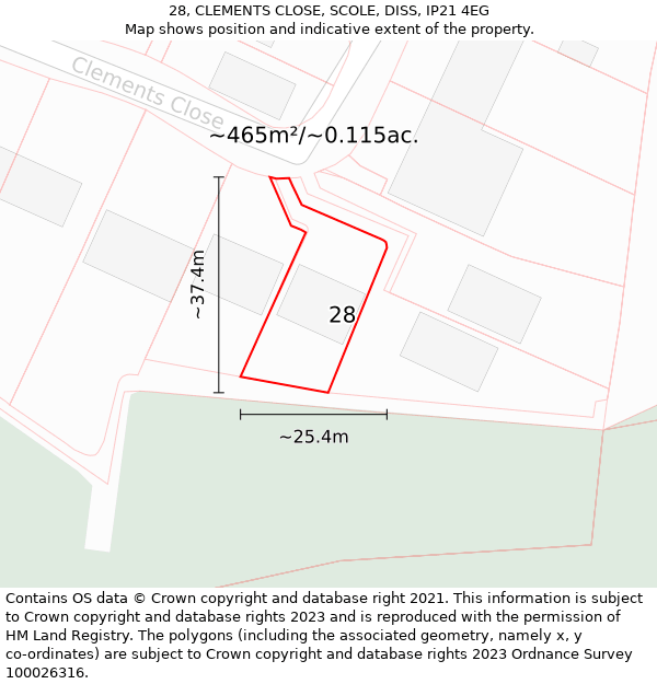 28, CLEMENTS CLOSE, SCOLE, DISS, IP21 4EG: Plot and title map