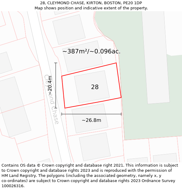 28, CLEYMOND CHASE, KIRTON, BOSTON, PE20 1DP: Plot and title map