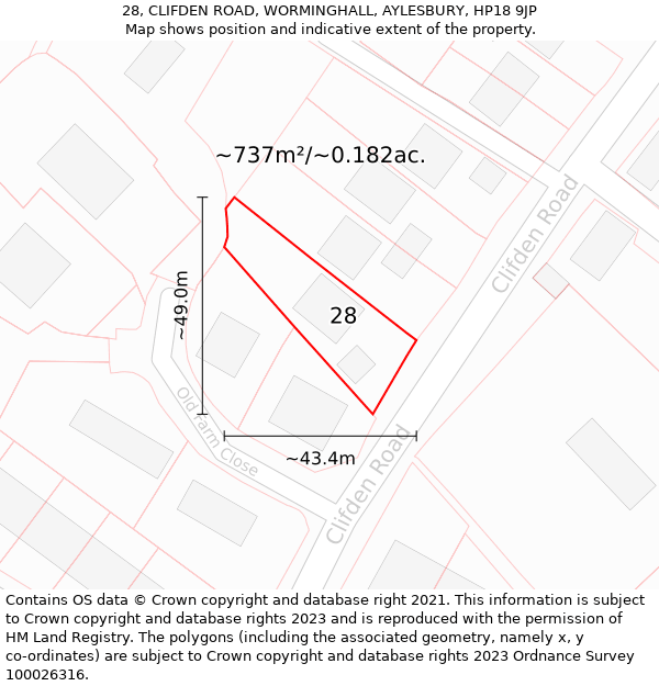 28, CLIFDEN ROAD, WORMINGHALL, AYLESBURY, HP18 9JP: Plot and title map