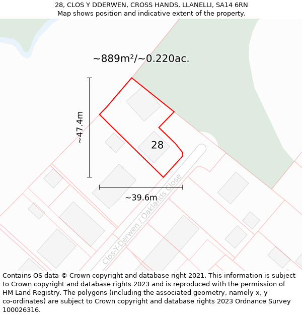 28, CLOS Y DDERWEN, CROSS HANDS, LLANELLI, SA14 6RN: Plot and title map