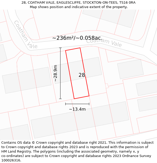 28, COATHAM VALE, EAGLESCLIFFE, STOCKTON-ON-TEES, TS16 0RA: Plot and title map