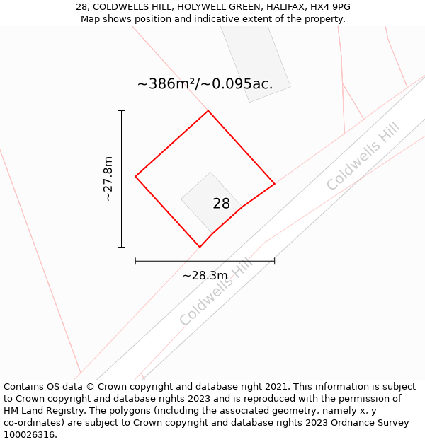 28, COLDWELLS HILL, HOLYWELL GREEN, HALIFAX, HX4 9PG: Plot and title map