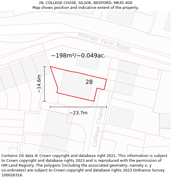 28, COLLEGE CHASE, SILSOE, BEDFORD, MK45 4GE: Plot and title map