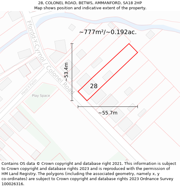 28, COLONEL ROAD, BETWS, AMMANFORD, SA18 2HP: Plot and title map