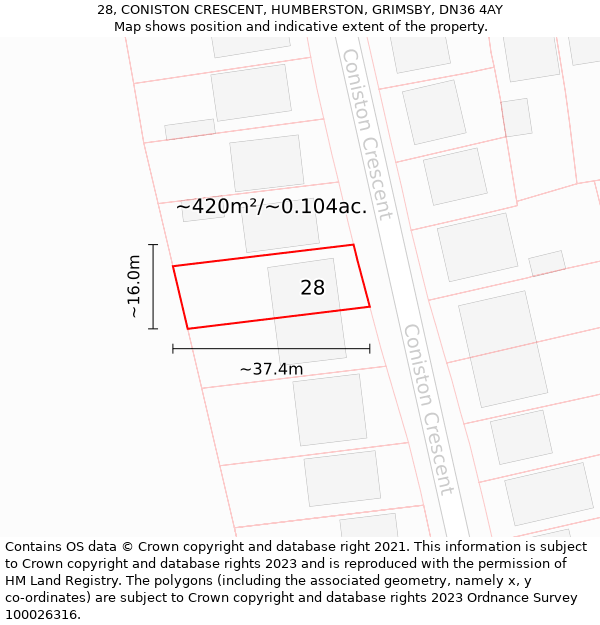 28, CONISTON CRESCENT, HUMBERSTON, GRIMSBY, DN36 4AY: Plot and title map