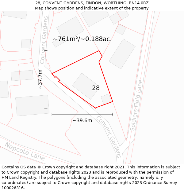 28, CONVENT GARDENS, FINDON, WORTHING, BN14 0RZ: Plot and title map