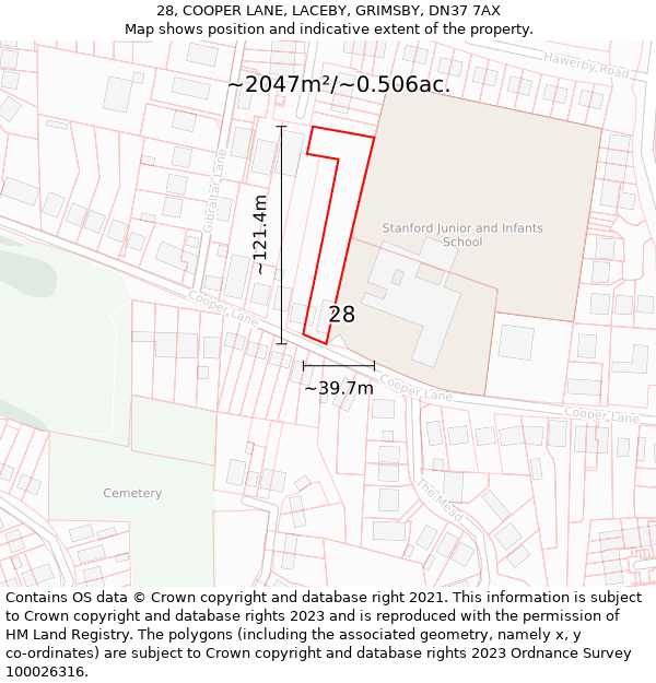 28, COOPER LANE, LACEBY, GRIMSBY, DN37 7AX: Plot and title map