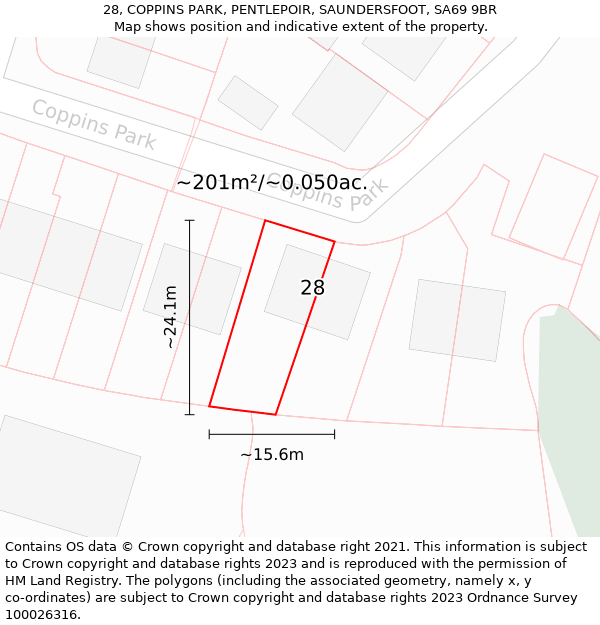 28, COPPINS PARK, PENTLEPOIR, SAUNDERSFOOT, SA69 9BR: Plot and title map