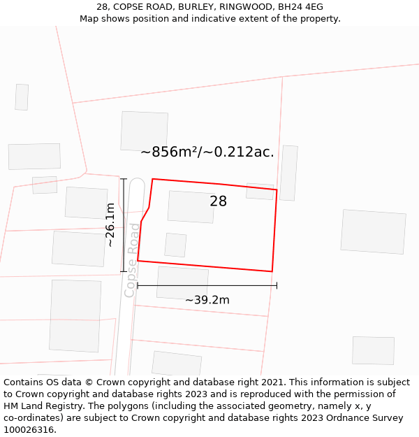 28, COPSE ROAD, BURLEY, RINGWOOD, BH24 4EG: Plot and title map