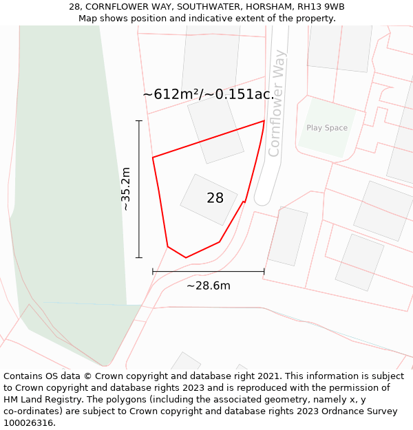 28, CORNFLOWER WAY, SOUTHWATER, HORSHAM, RH13 9WB: Plot and title map