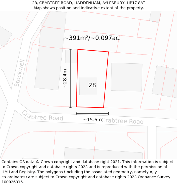 28, CRABTREE ROAD, HADDENHAM, AYLESBURY, HP17 8AT: Plot and title map