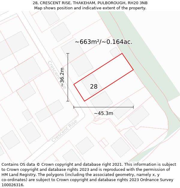 28, CRESCENT RISE, THAKEHAM, PULBOROUGH, RH20 3NB: Plot and title map