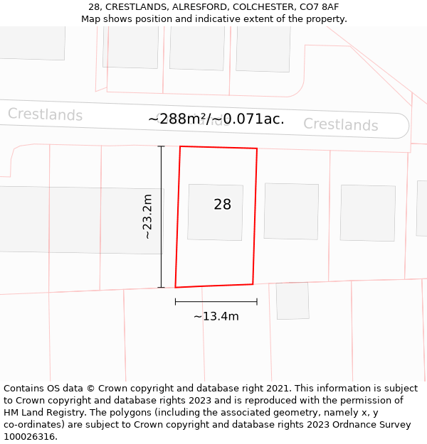 28, CRESTLANDS, ALRESFORD, COLCHESTER, CO7 8AF: Plot and title map