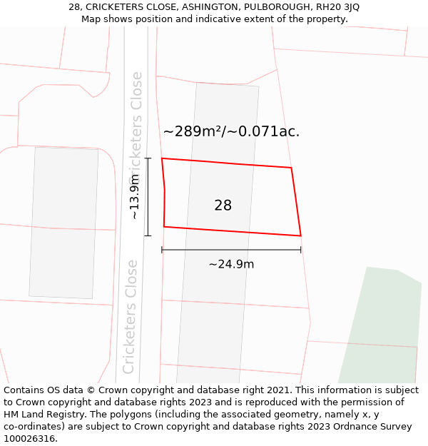 28, CRICKETERS CLOSE, ASHINGTON, PULBOROUGH, RH20 3JQ: Plot and title map