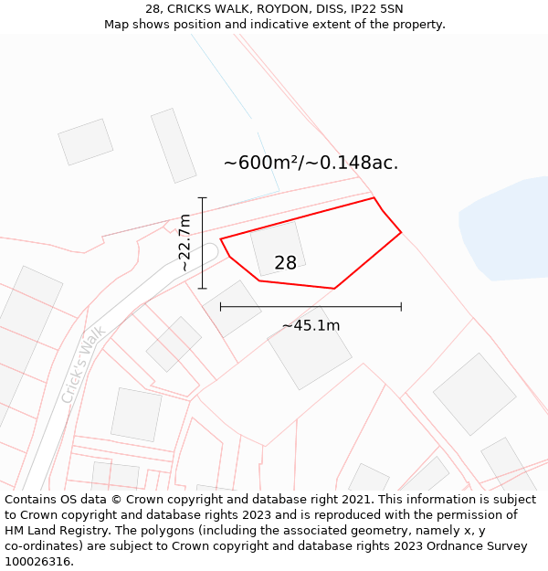 28, CRICKS WALK, ROYDON, DISS, IP22 5SN: Plot and title map