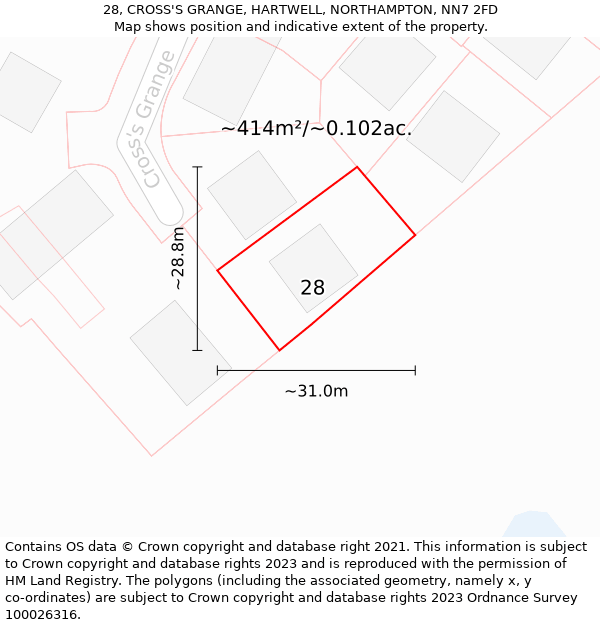 28, CROSS'S GRANGE, HARTWELL, NORTHAMPTON, NN7 2FD: Plot and title map